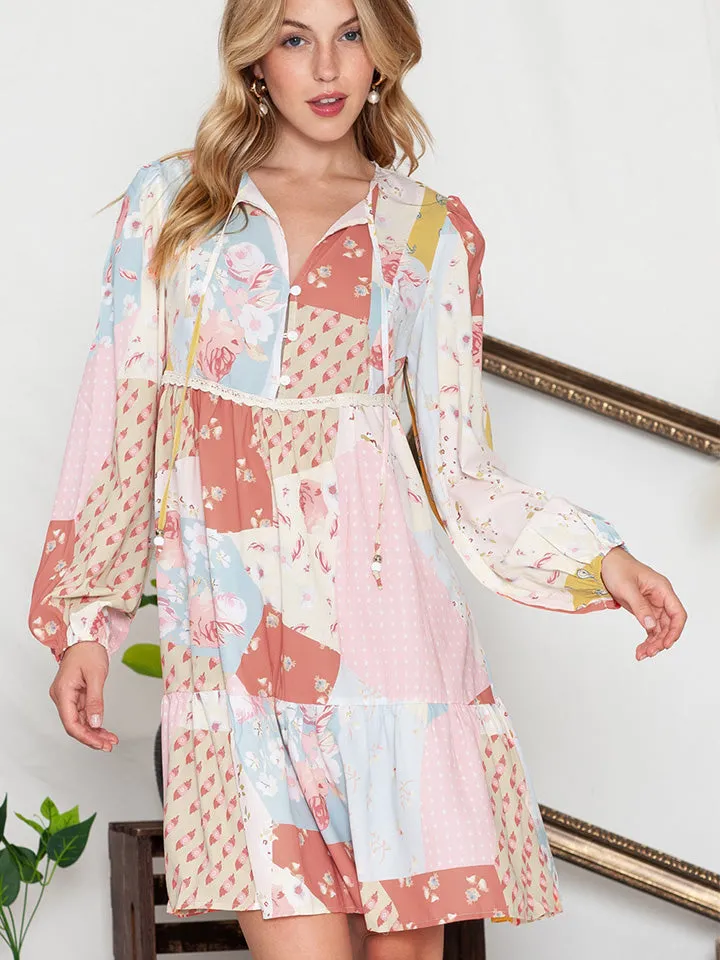 * APP EXCLUSIVE* Printed Tie Neck Long Sleeve Dress
