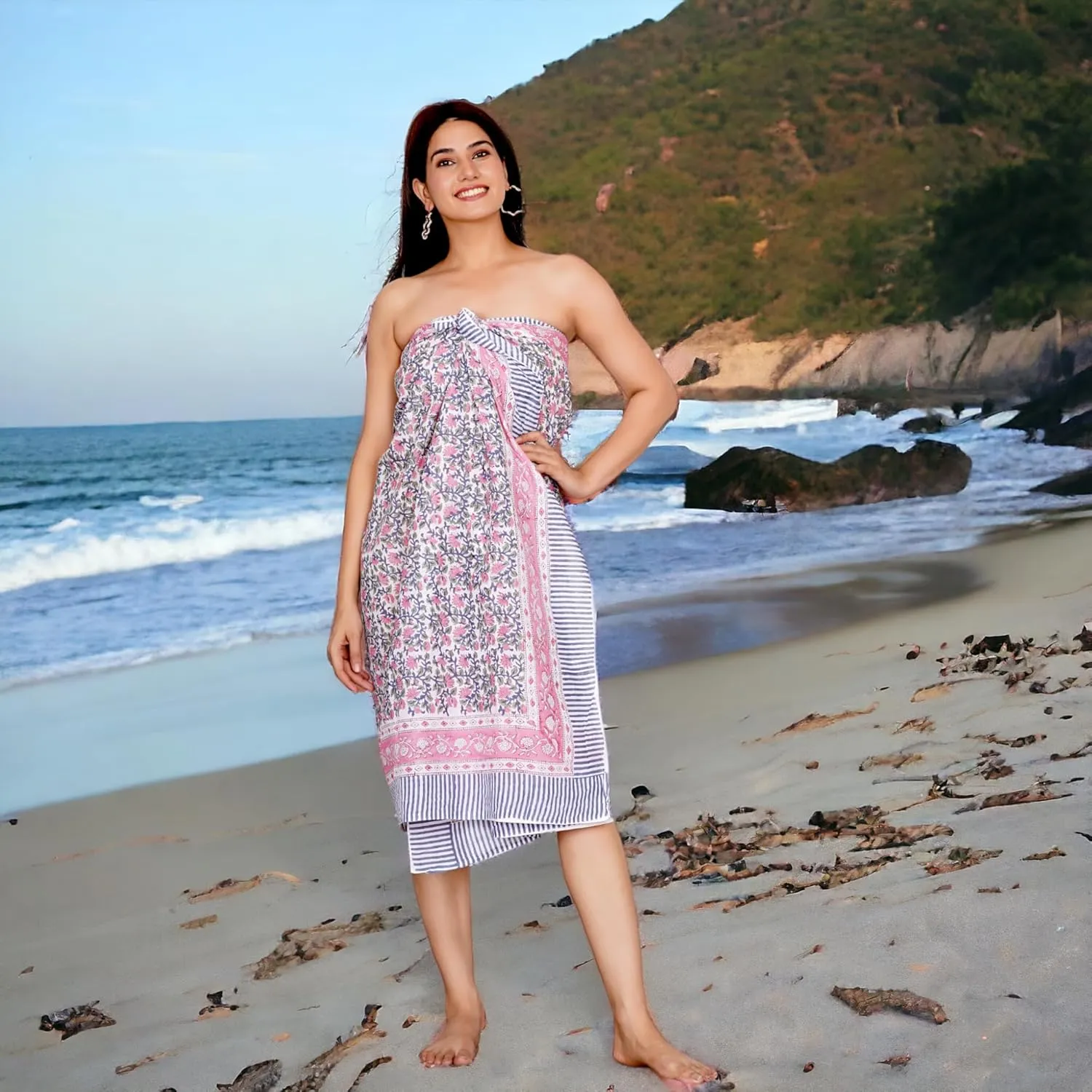 100% Cotton Hand block Sarong Beach Pareo -Your Perfect Summer Cover up Swimwear Companion Wrap Skirt In Summer