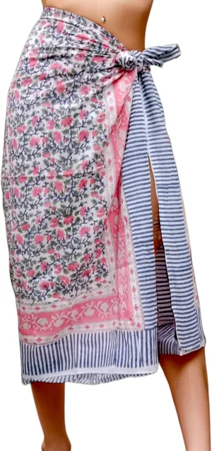 100% Cotton Hand block Sarong Beach Pareo -Your Perfect Summer Cover up Swimwear Companion Wrap Skirt In Summer