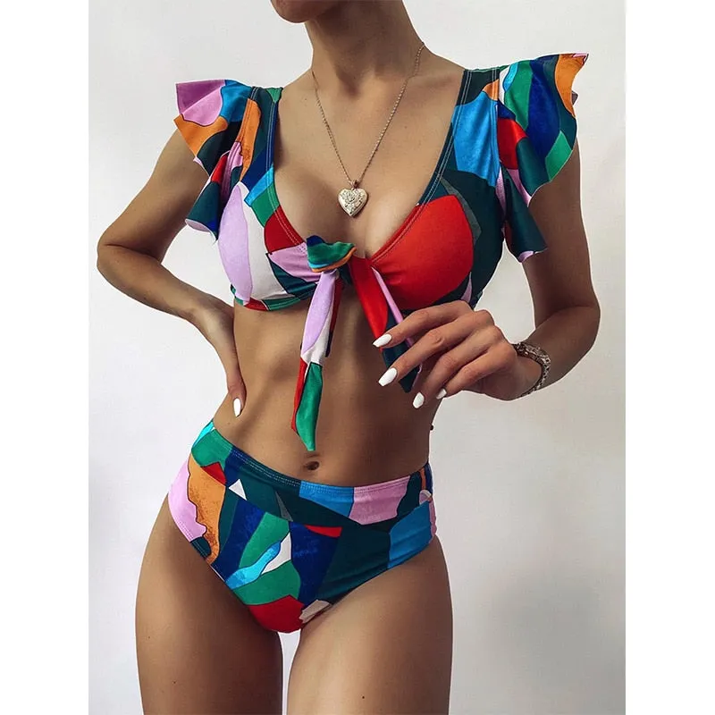 2 Piece Geometry print swimsuit Sexy ruffle bikini High waist swimwear Bandeau knot bathing suit Vintage beach wear