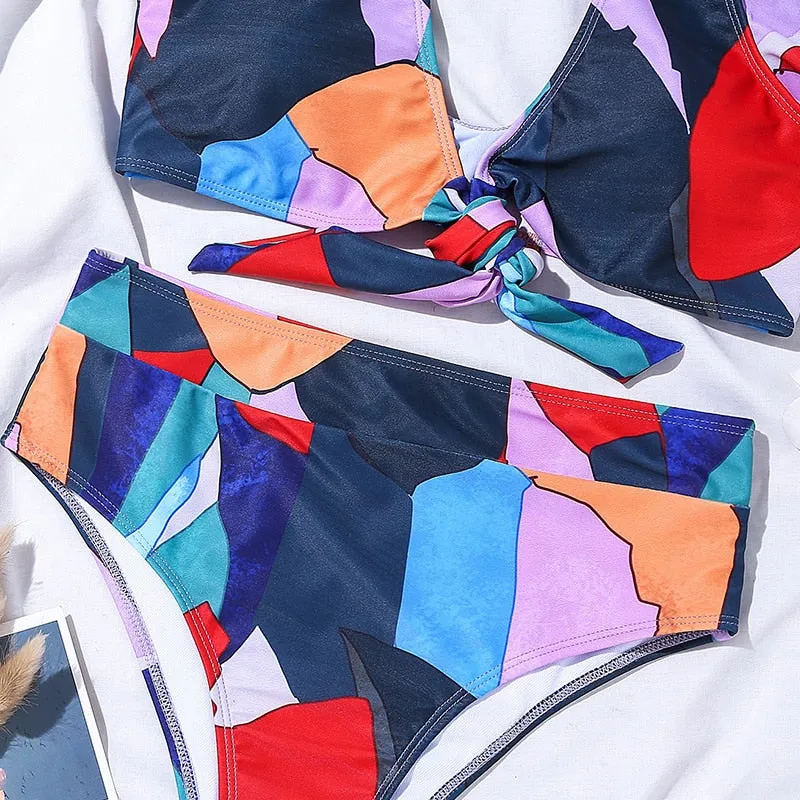 2 Piece Geometry print swimsuit Sexy ruffle bikini High waist swimwear Bandeau knot bathing suit Vintage beach wear