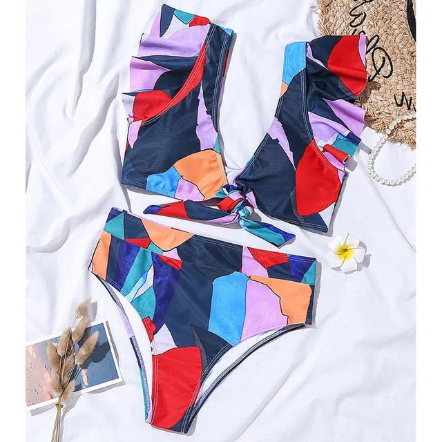 2 Piece Geometry print swimsuit Sexy ruffle bikini High waist swimwear Bandeau knot bathing suit Vintage beach wear