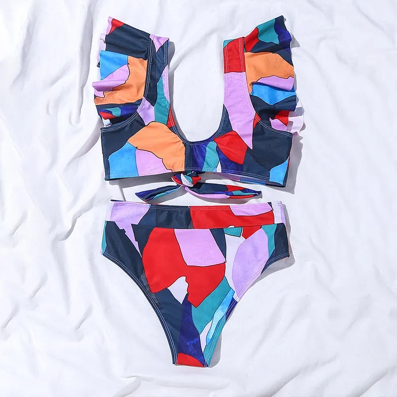 2 Piece Geometry print swimsuit Sexy ruffle bikini High waist swimwear Bandeau knot bathing suit Vintage beach wear