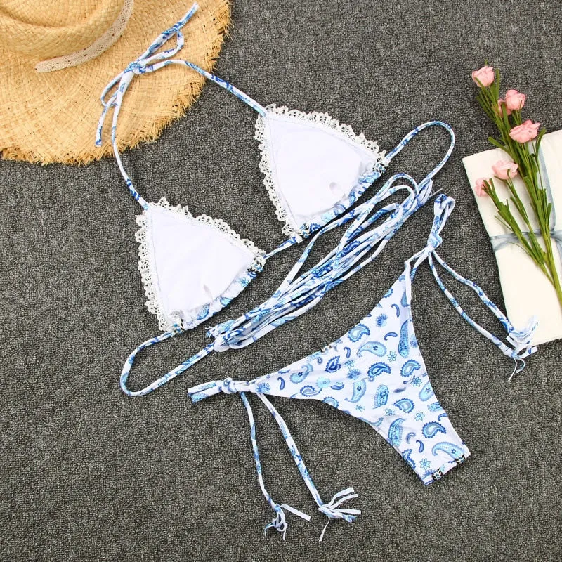 2 Piece Micro print swimsuit female triangle swimwear women bathers Tie up bathing suit Beachwear Bikini Set