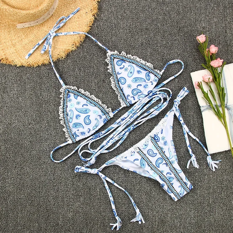 2 Piece Micro print swimsuit female triangle swimwear women bathers Tie up bathing suit Beachwear Bikini Set
