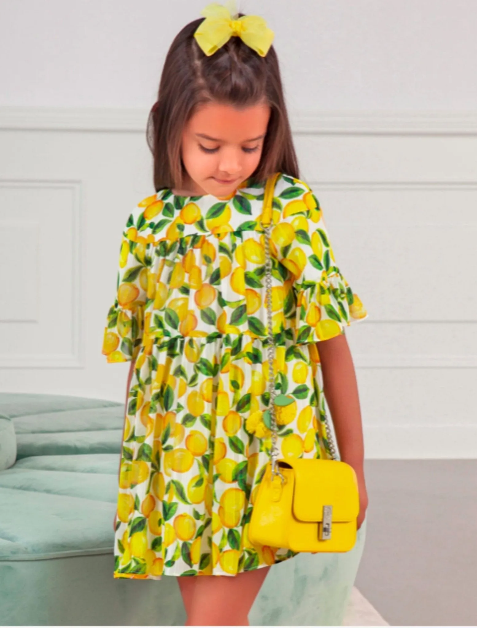 Abel & Lula Girls Yellow Lemon Printed Chiffon Dress