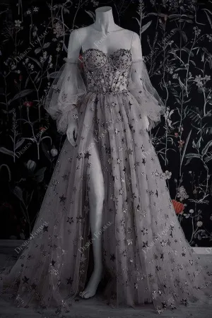 Allover stars Custom Off Shoulder Boho Champagne Bridal Dress