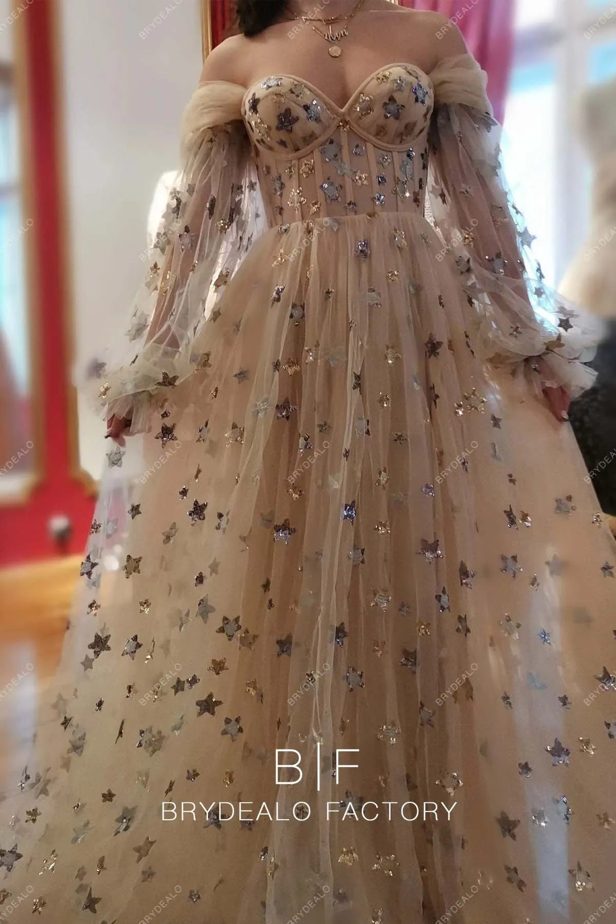 Allover stars Custom Off Shoulder Boho Champagne Bridal Dress