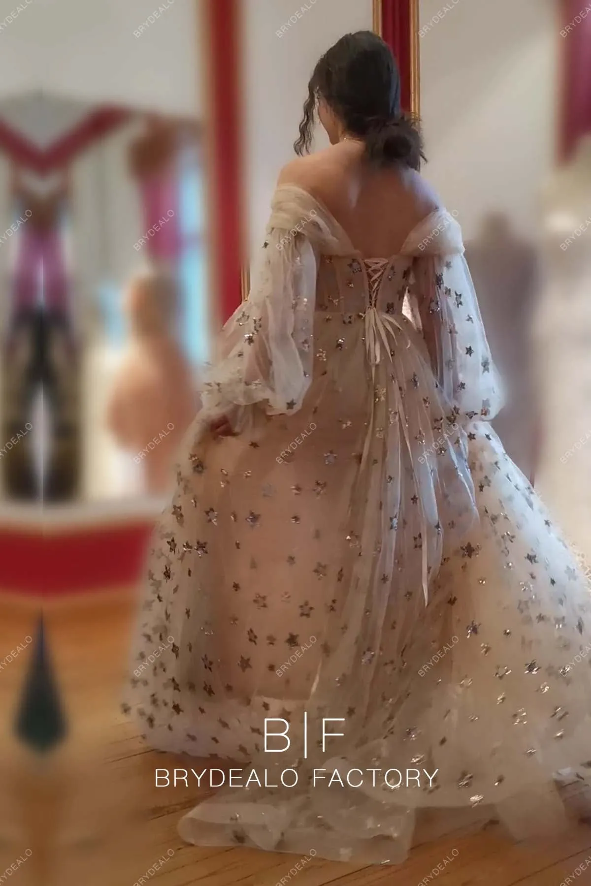 Allover stars Custom Off Shoulder Boho Champagne Bridal Dress