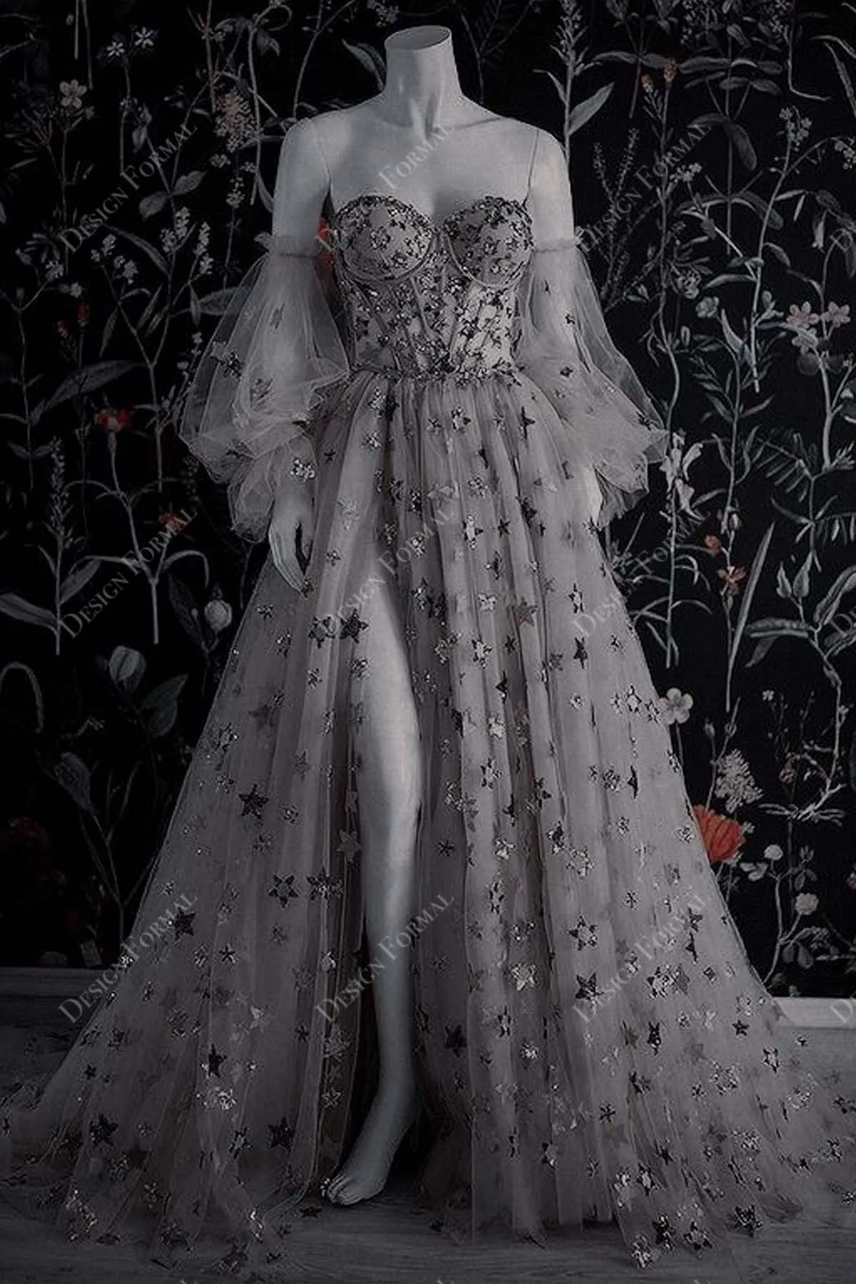 Allover stars Custom Off Shoulder Boho Champagne Bridal Dress