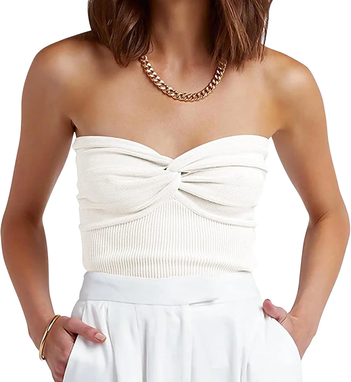 ANRABESS Tube Top for Women Summer Strapless Bandeau Knit Twist Knot Corset Crop Basic Tank Top 2025 Vacation Outfits Clothes