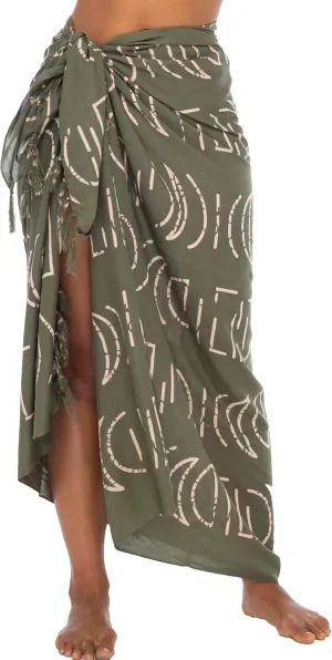 Back From Bali Womens Print Sarong Coverup Swimsuit Pareo with Boho Fringe & Coconut Clip - Wrap Skirt or Beach Shawl