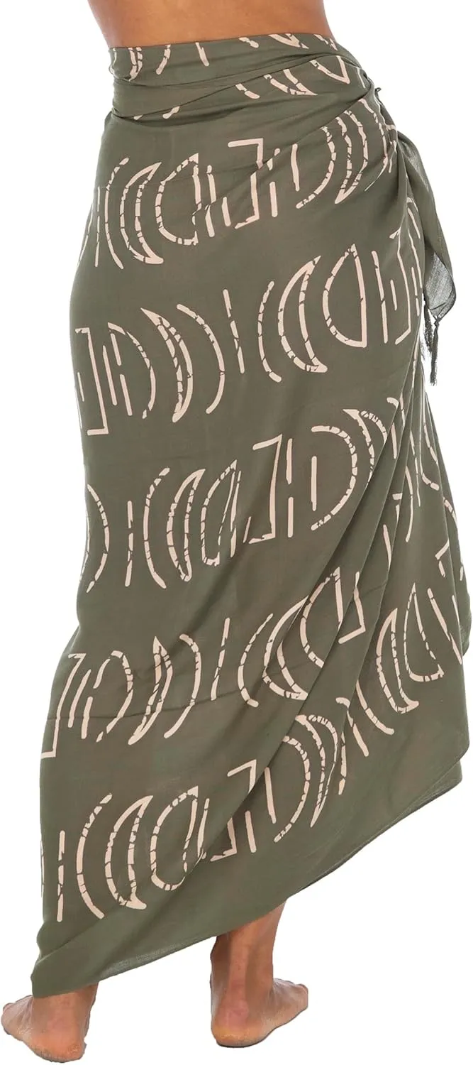 Back From Bali Womens Print Sarong Coverup Swimsuit Pareo with Boho Fringe & Coconut Clip - Wrap Skirt or Beach Shawl