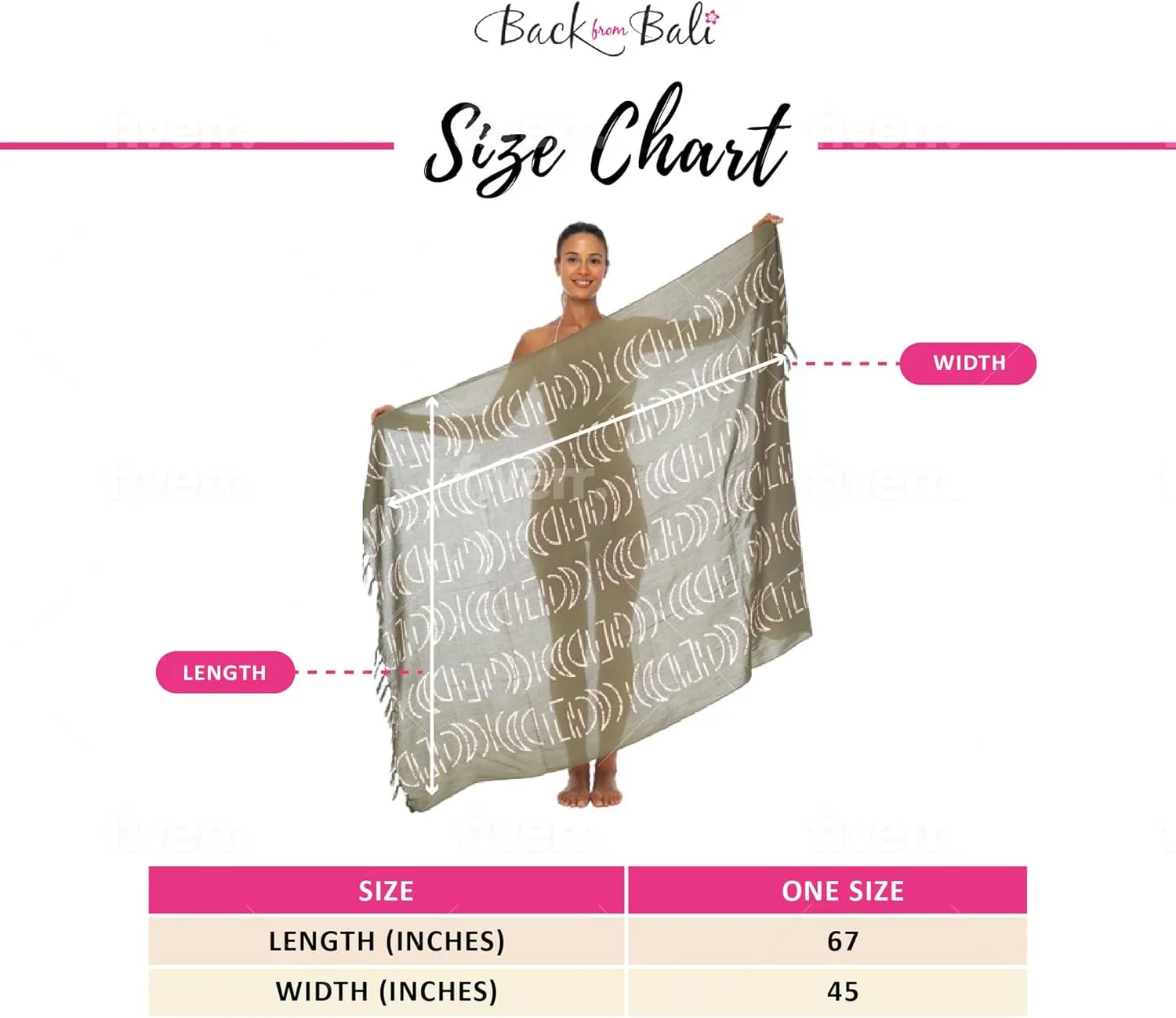 Back From Bali Womens Print Sarong Coverup Swimsuit Pareo with Boho Fringe & Coconut Clip - Wrap Skirt or Beach Shawl
