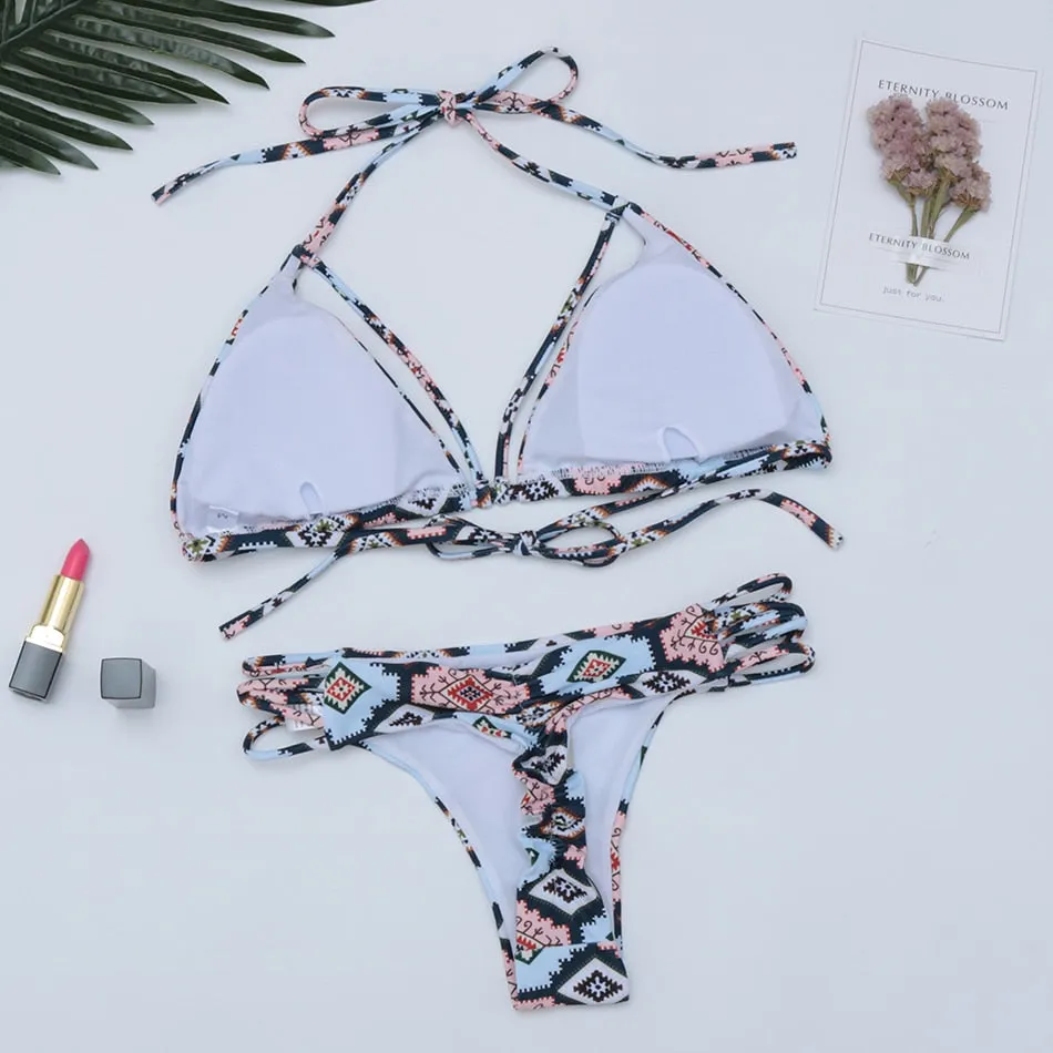 Bandage Push Up Swimwear Low Waist Swimsuit Brazilian Thong G String Bikini Set Bathing Suits Beachwear