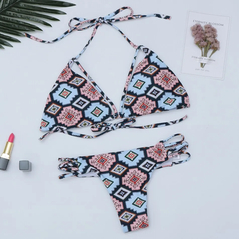 Bandage Push Up Swimwear Low Waist Swimsuit Brazilian Thong G String Bikini Set Bathing Suits Beachwear
