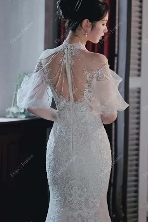Beaded Halter Cold Shoulder Lace Mermaid Custom Bridal Dress