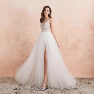 Beaded Sequined Crystal A Line Backless Tulle Wedding Bridal Gown Vestido De Noiva