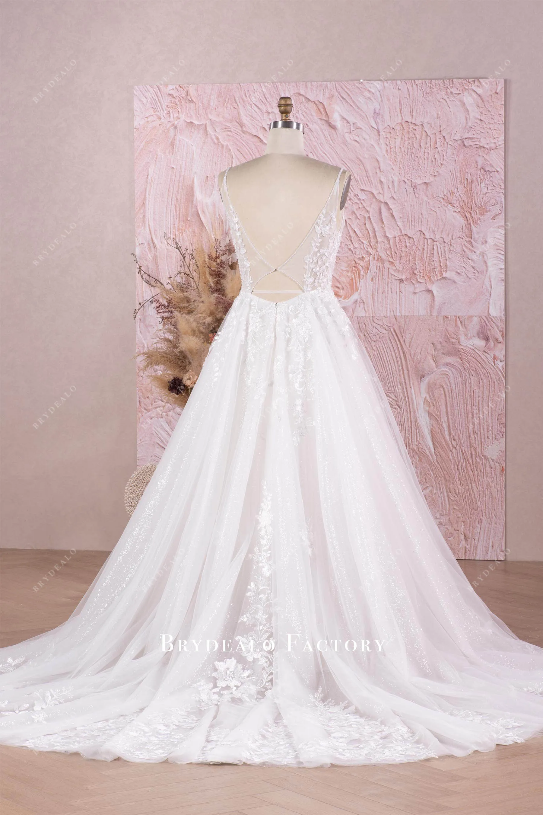Beautiful Lace Plunging neck Sleeveless Long Wedding Dress