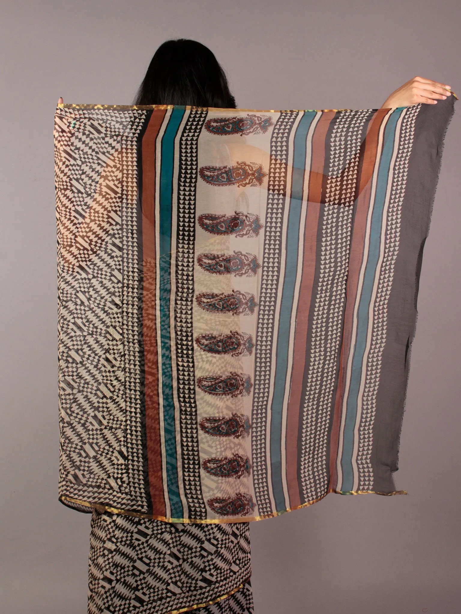 Beige Black Maroon Teal Green Hand Block Printed Chiffon Saree - S031701839