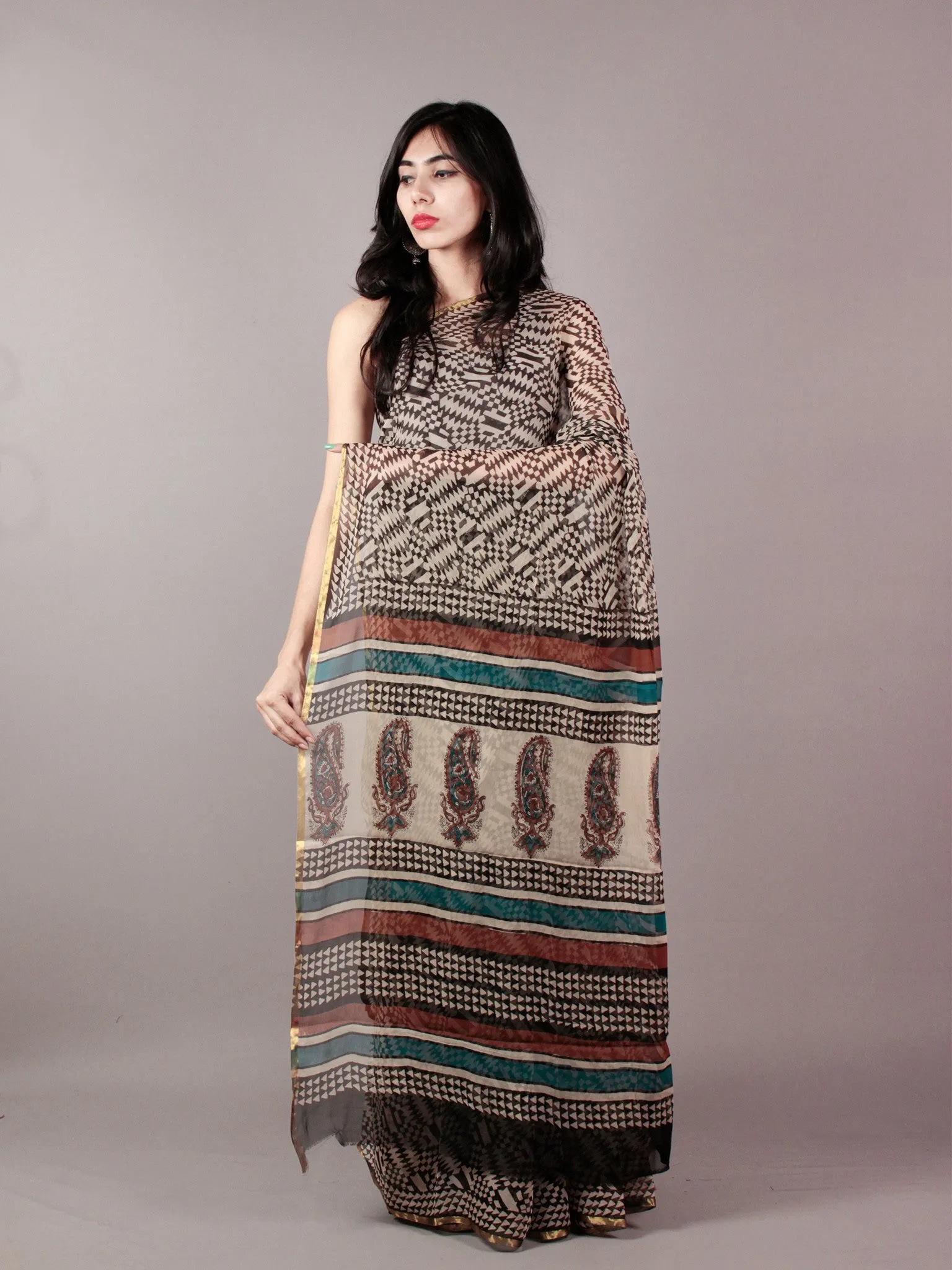 Beige Black Maroon Teal Green Hand Block Printed Chiffon Saree - S031701839
