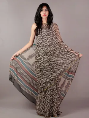 Beige Black Maroon Teal Green Hand Block Printed Chiffon Saree - S031701839