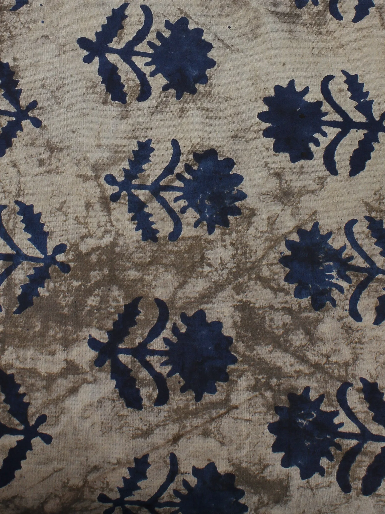 Beige Blue Hand Block Printed Cotton Cambric Fabric Per Meter - F0916122