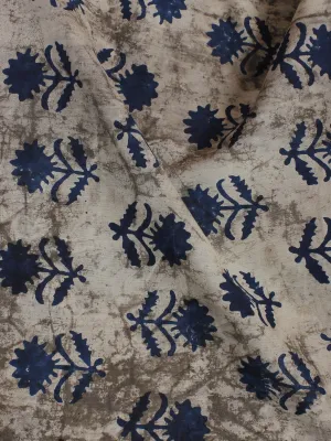 Beige Blue Hand Block Printed Cotton Cambric Fabric Per Meter - F0916122