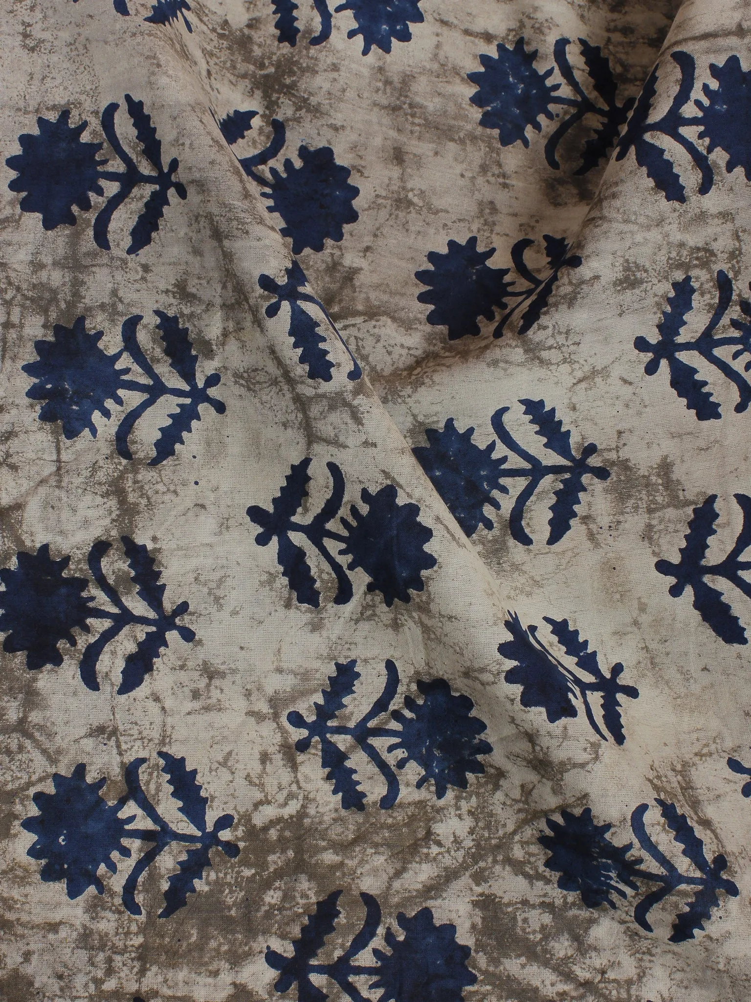 Beige Blue Hand Block Printed Cotton Cambric Fabric Per Meter - F0916122