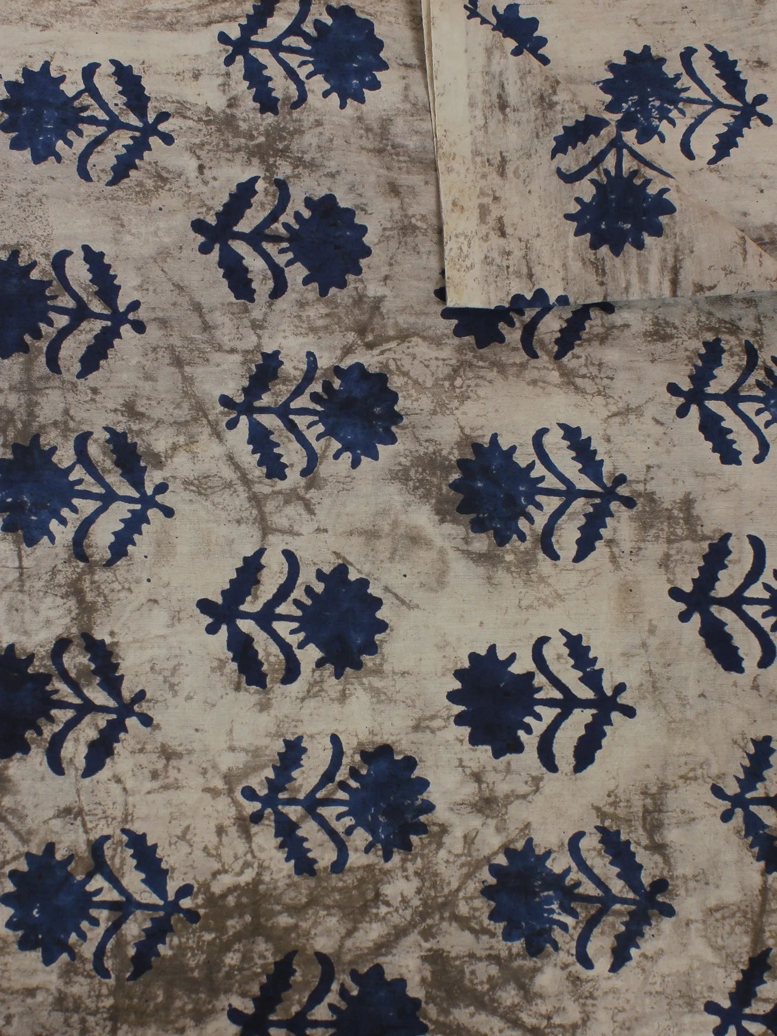 Beige Blue Hand Block Printed Cotton Cambric Fabric Per Meter - F0916122