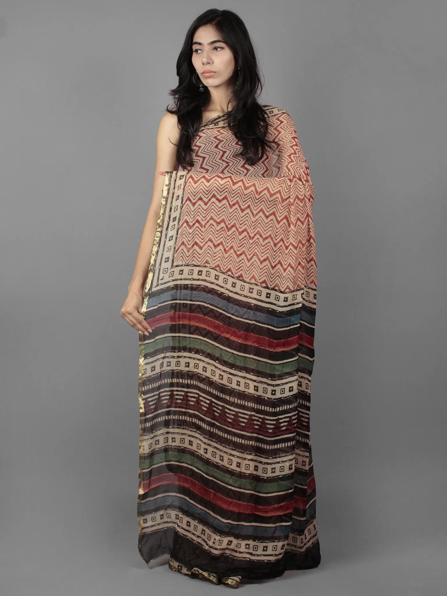 Beige Maroon Black Hand Block Printed Chiffon Saree - S031701883