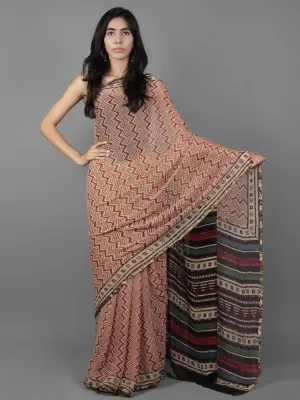 Beige Maroon Black Hand Block Printed Chiffon Saree - S031701883