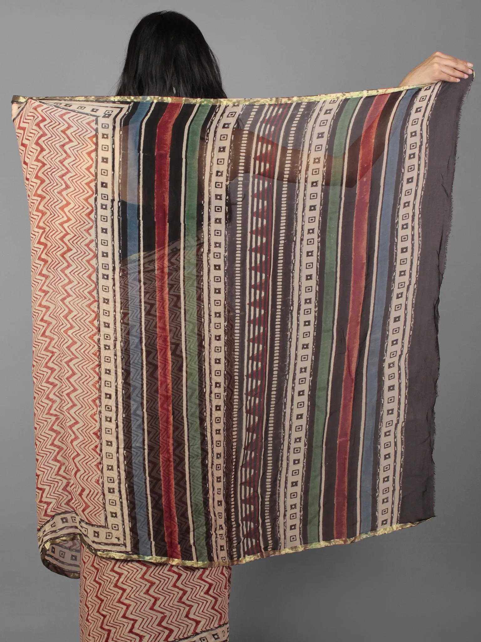 Beige Maroon Black Hand Block Printed Chiffon Saree - S031701883