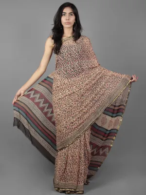 Beige Maroon Black Teal Blue Hand Block Printed Chiffon Saree - S031701892