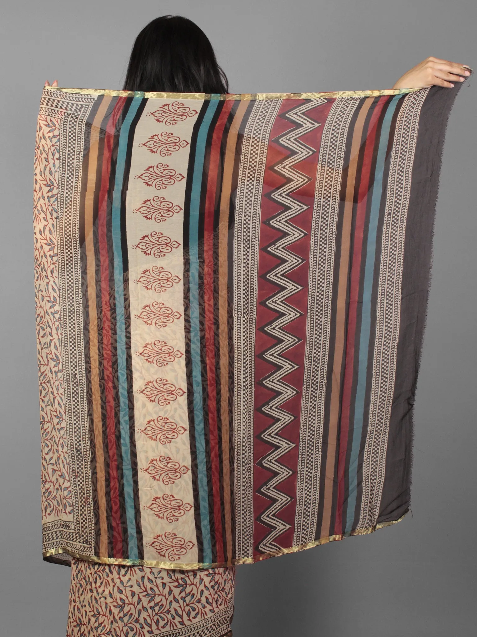 Beige Maroon Black Teal Blue Hand Block Printed Chiffon Saree - S031701892