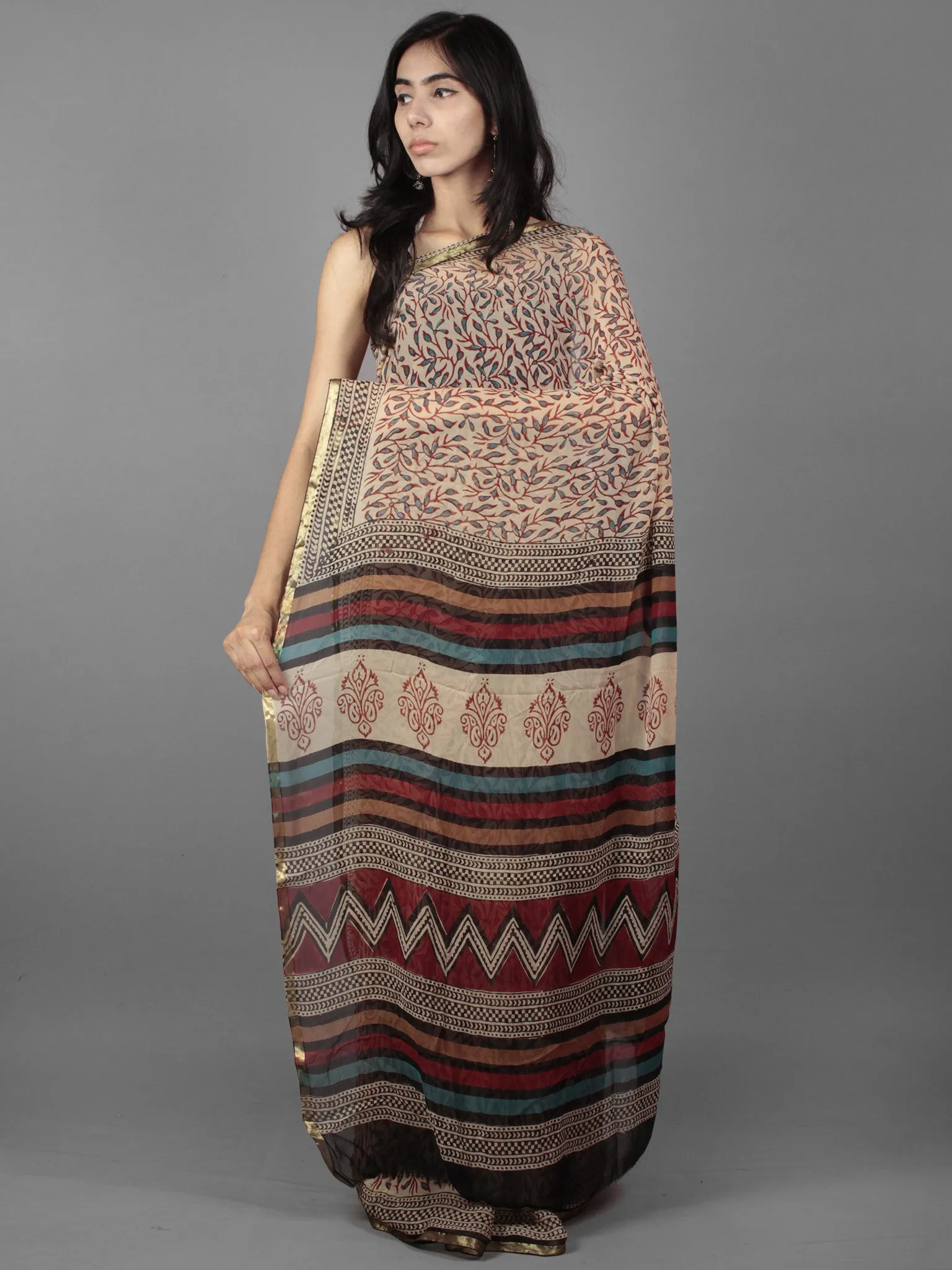 Beige Maroon Black Teal Blue Hand Block Printed Chiffon Saree - S031701892