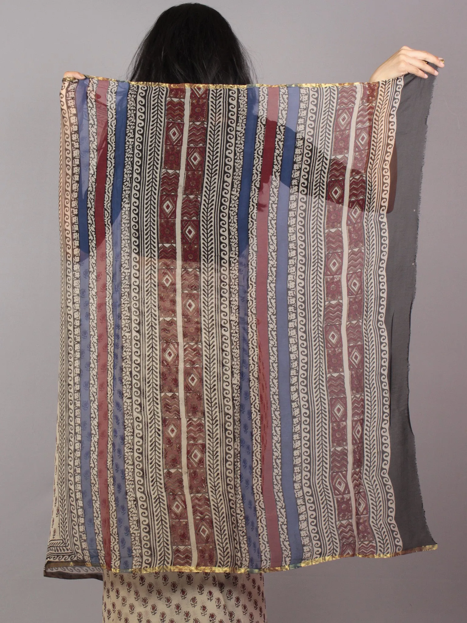 Beige Maroon Blue Hand Block Printed in Natural Colors Chiffon Saree - S031701663