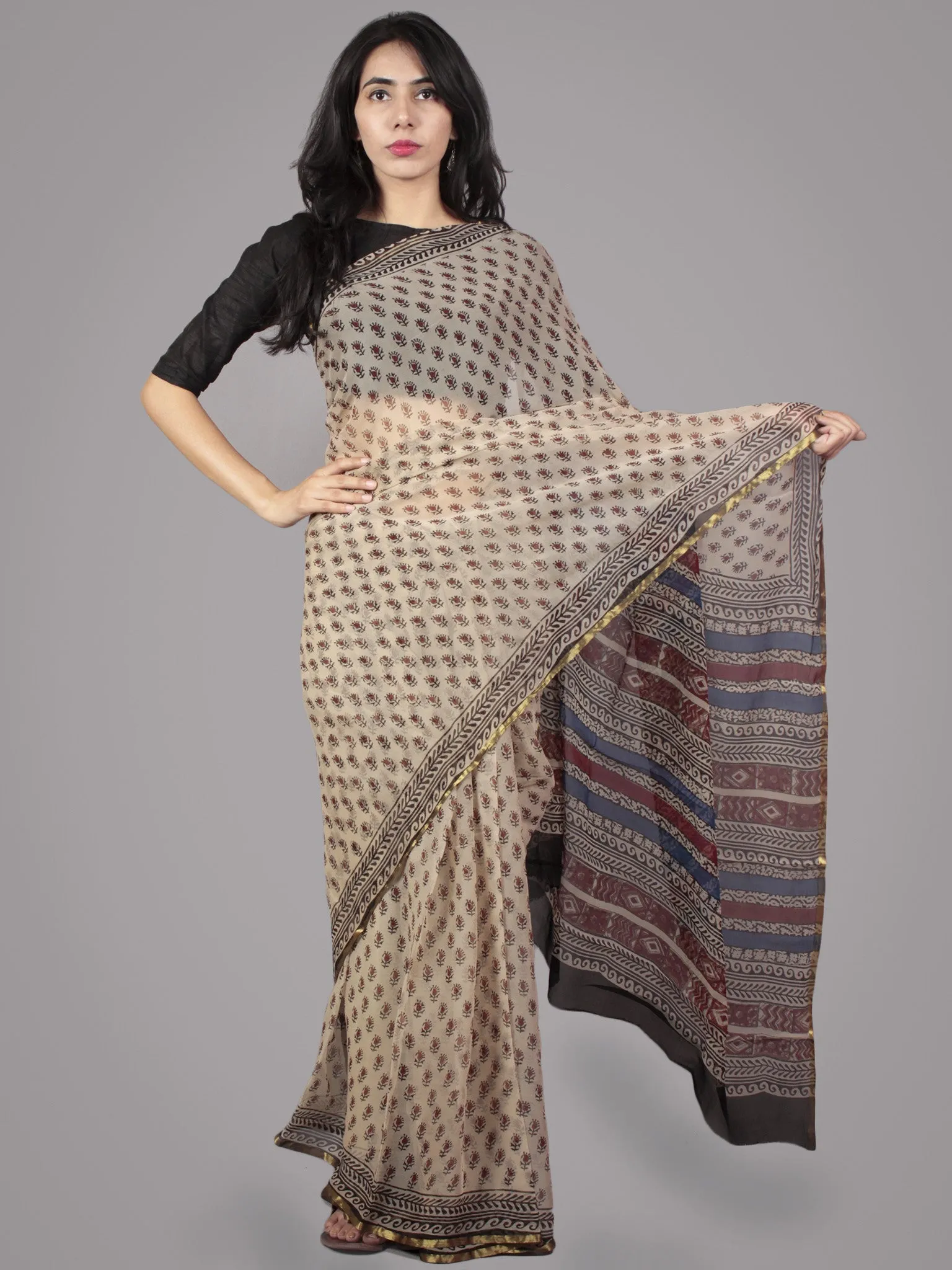 Beige Maroon Blue Hand Block Printed in Natural Colors Chiffon Saree - S031701663