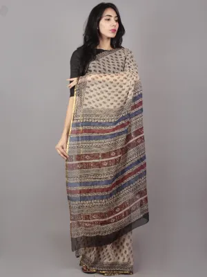 Beige Maroon Blue Hand Block Printed in Natural Colors Chiffon Saree - S031701663