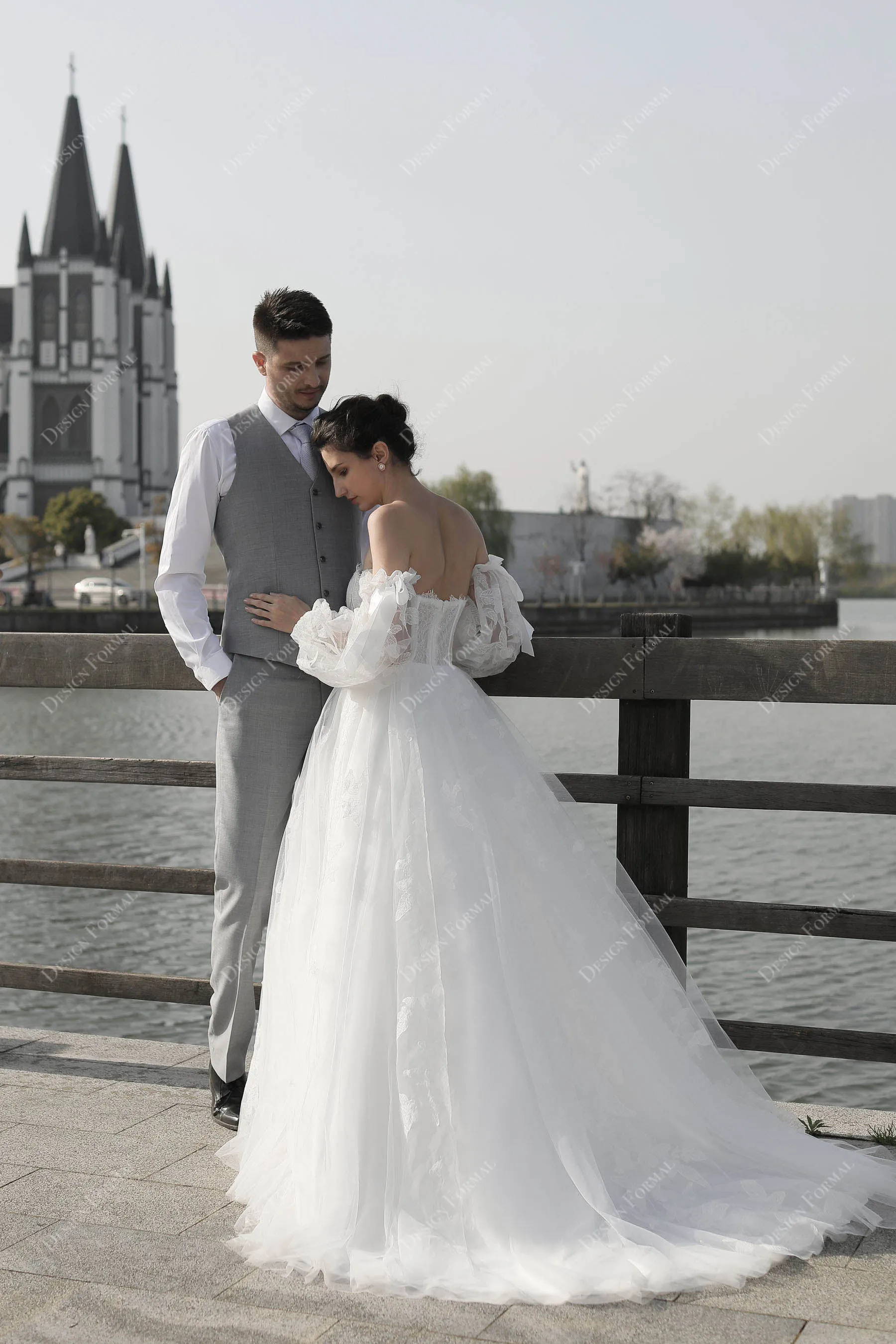 Bell Sleeve Off-shoulder Church Corset Lace Fall Bridal Dress