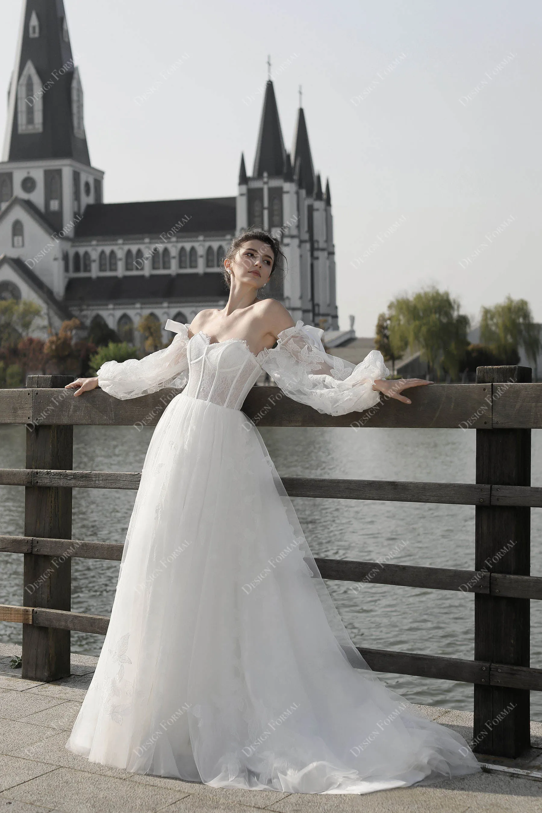 Bell Sleeve Off-shoulder Church Corset Lace Fall Bridal Dress