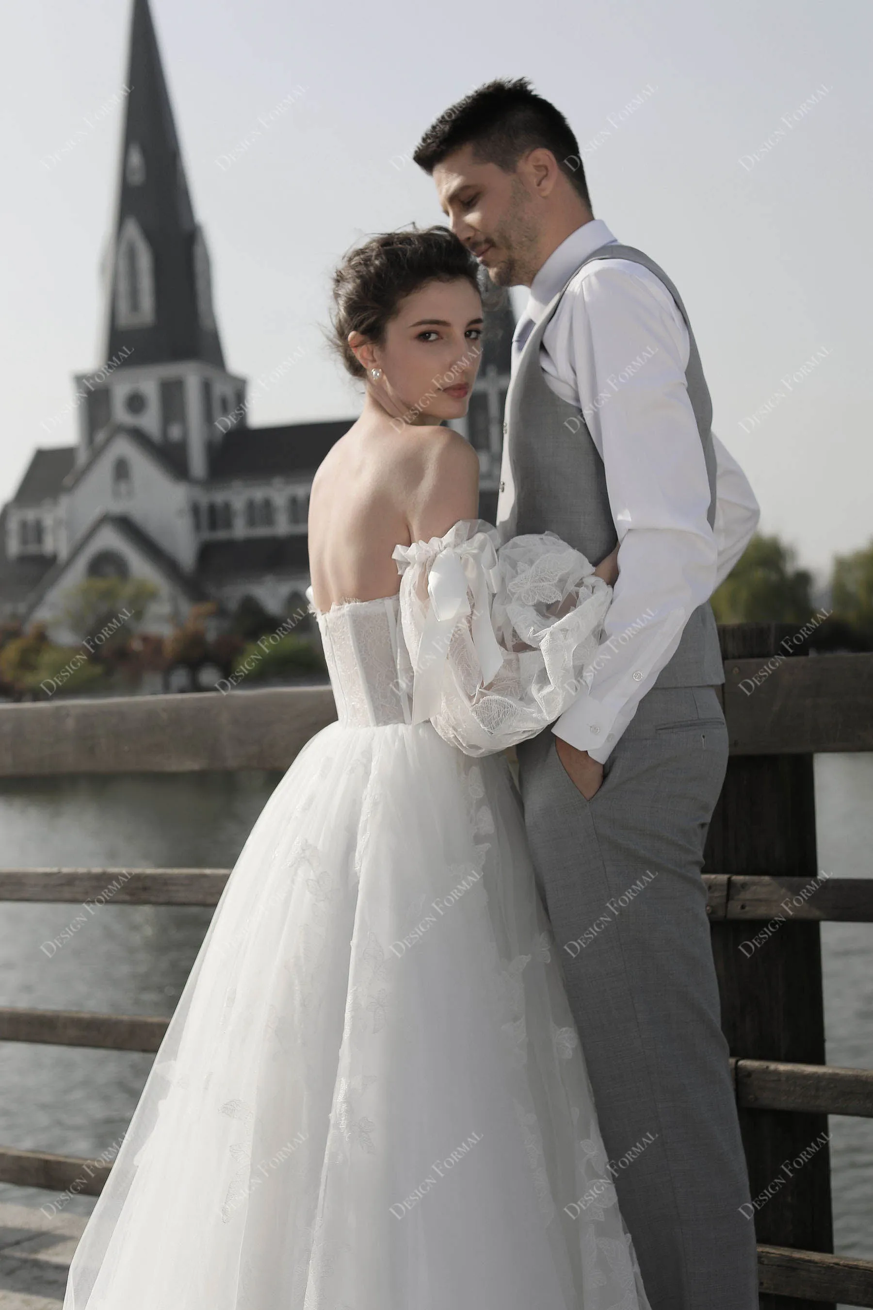 Bell Sleeve Off-shoulder Church Corset Lace Fall Bridal Dress
