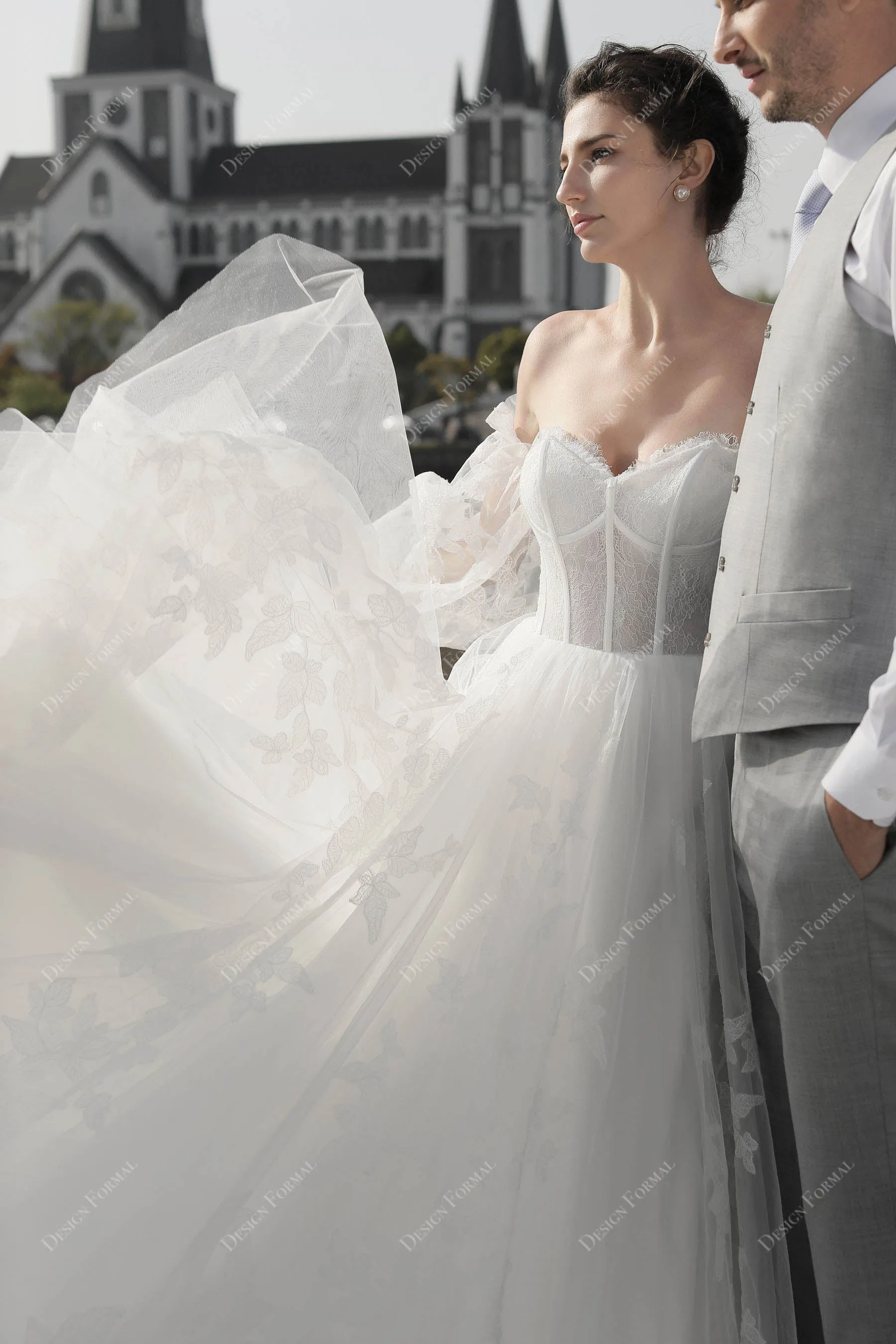 Bell Sleeve Off-shoulder Church Corset Lace Fall Bridal Dress