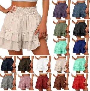 Bermuda Shorts for Women Summer Beach Cotton High Waist Ruffle Shorts Casual Layered Pleated Hem Workout Short Pants
