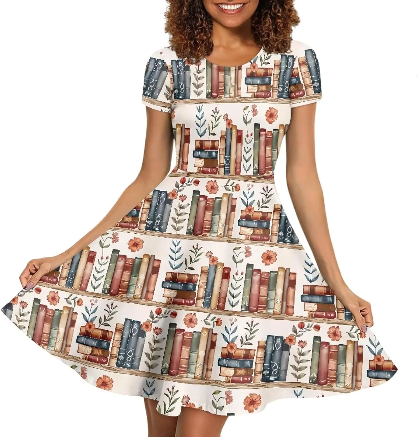 Binienty Women's Summer Casual Loose Crewneck Dress Ruffle Puffy Long Sleeve High Waist Midi Dress