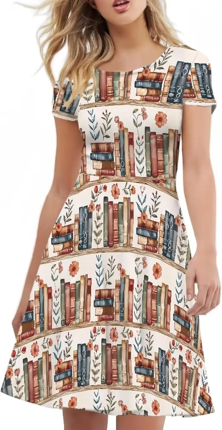 Binienty Women's Summer Casual Loose Crewneck Dress Ruffle Puffy Long Sleeve High Waist Midi Dress