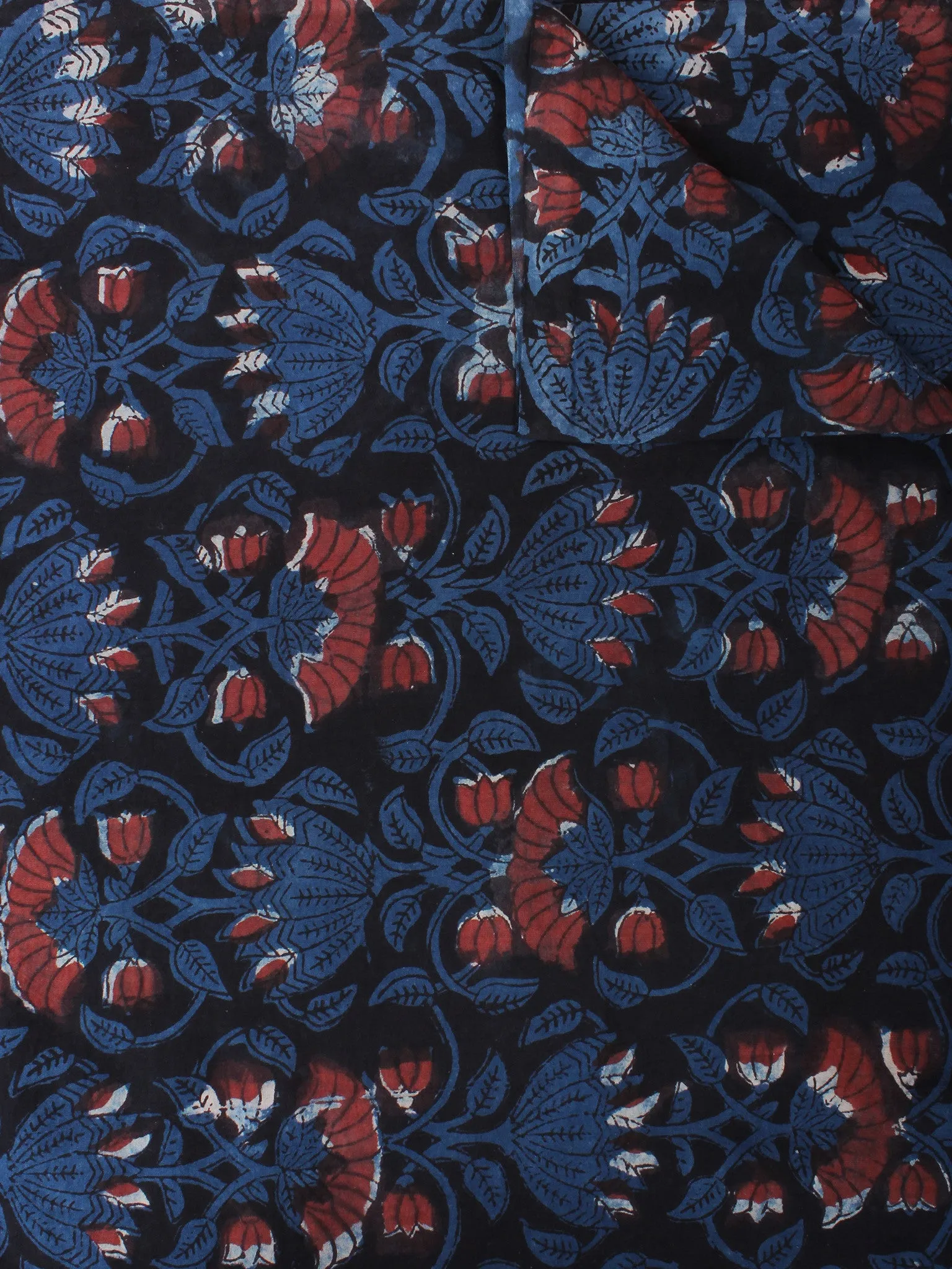 Black Brown Red Hand Block Printed Cotton Cambric Fabric Per Meter - F0916401