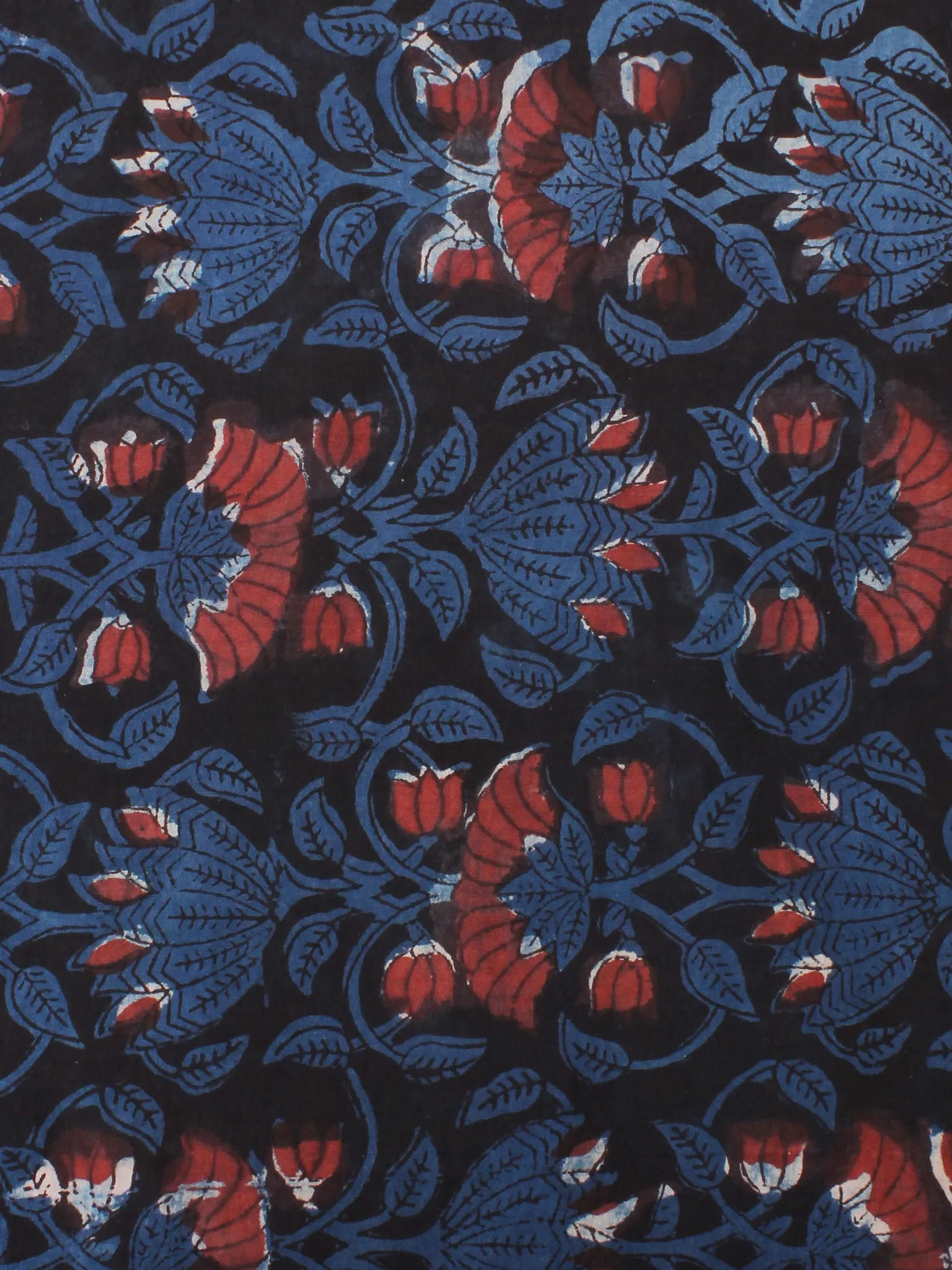 Black Brown Red Hand Block Printed Cotton Cambric Fabric Per Meter - F0916401