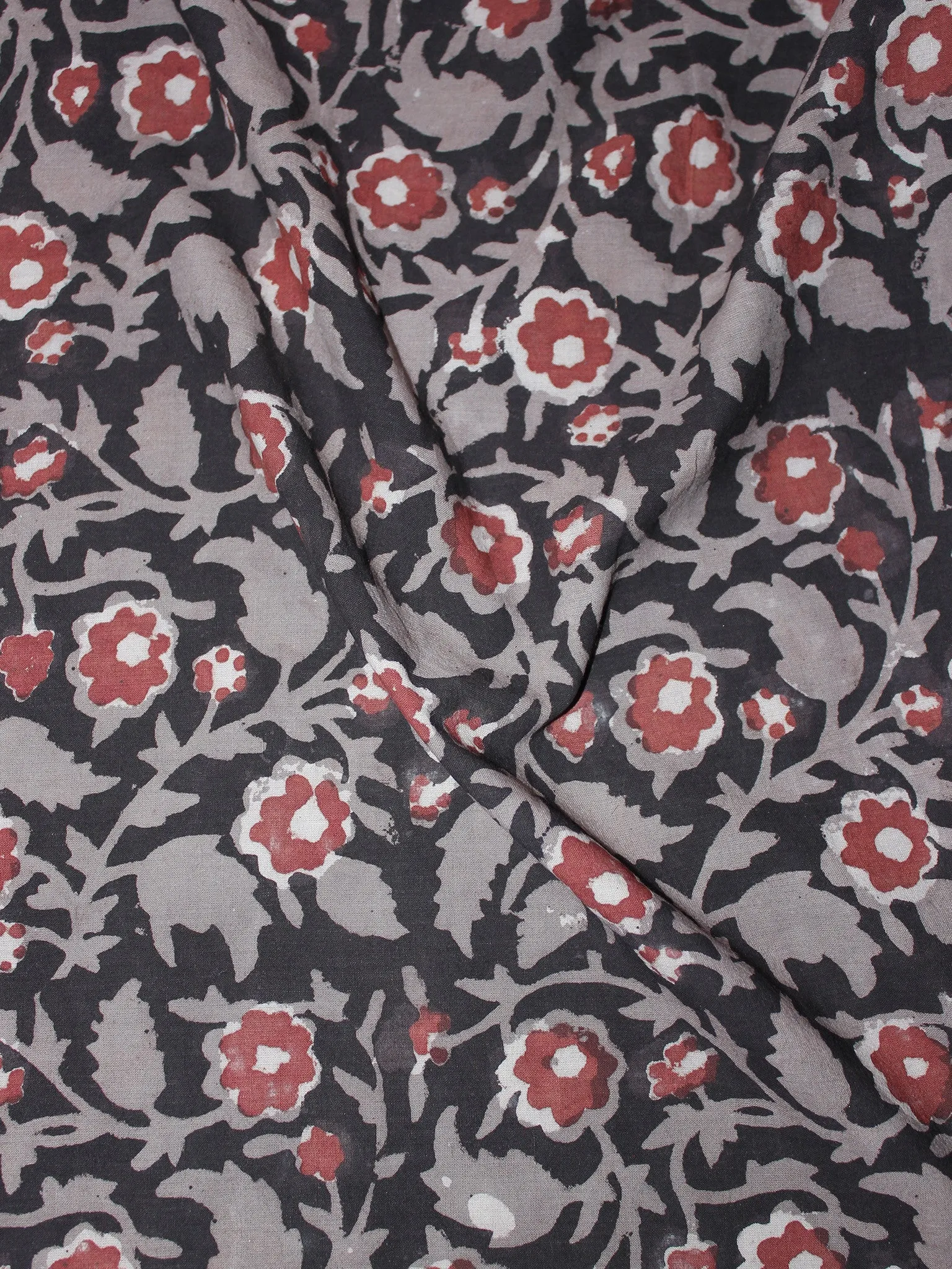 Black Grey Maroon Hand Block Printed Cotton Cambric Fabric Per Meter - F0916436