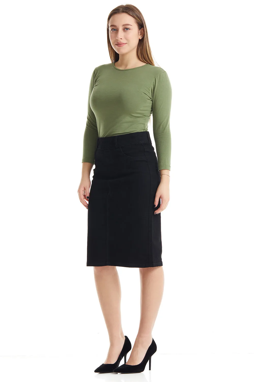 Black Knee Length Modest Denim Skirt 'Boston'